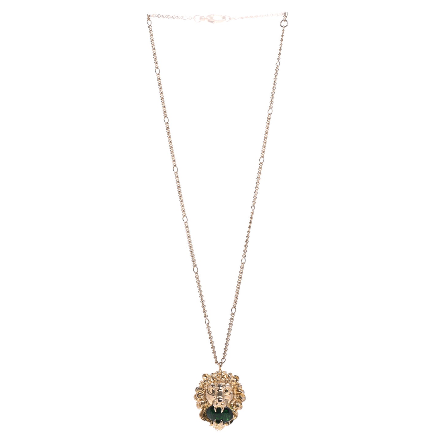 Metal Brass Swarovski Lion Head Necklace Gold Green