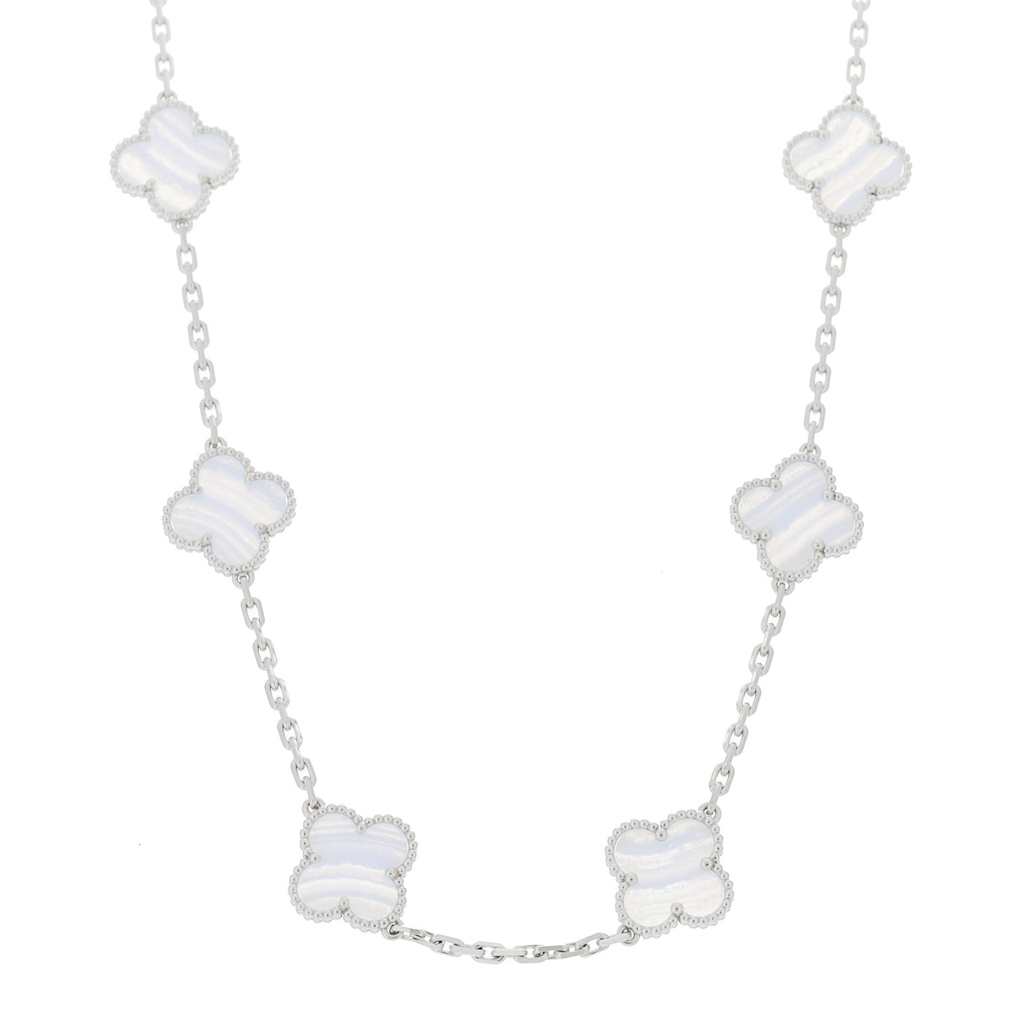 18K White Gold Chalcedony 10 Motifs Vintage Alhambra Necklace