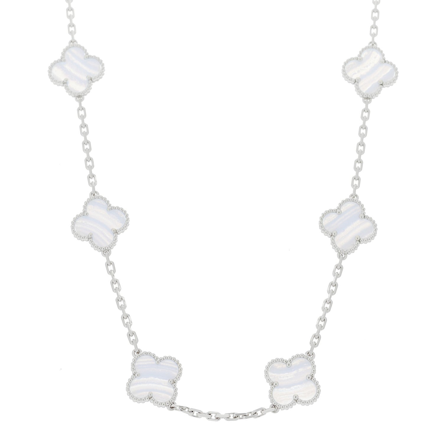 Van Cleef & Arpels 18K White Gold Chalcedony 10 Motifs Vintage Alhambra Necklace 1 of 6