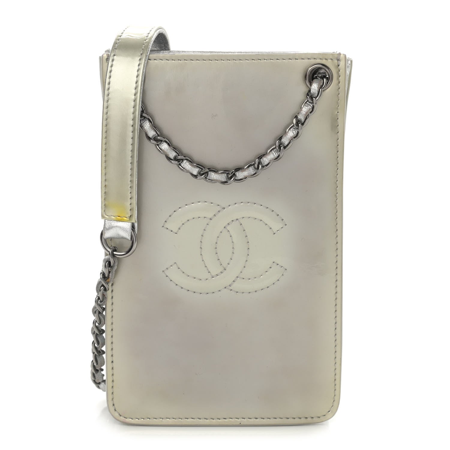 Chanel Metallic Patent Crossbody CC Phone Holder Silver 1 of 12