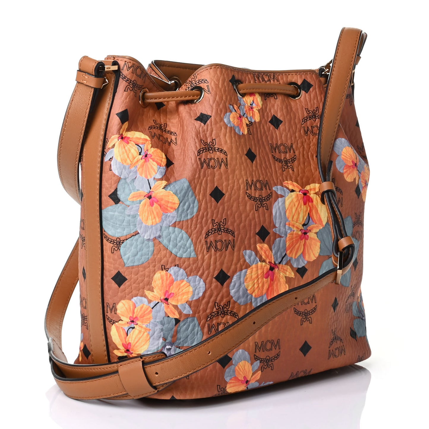 Visetos Floral Print Small Drawstring Bucket Bag Cognac