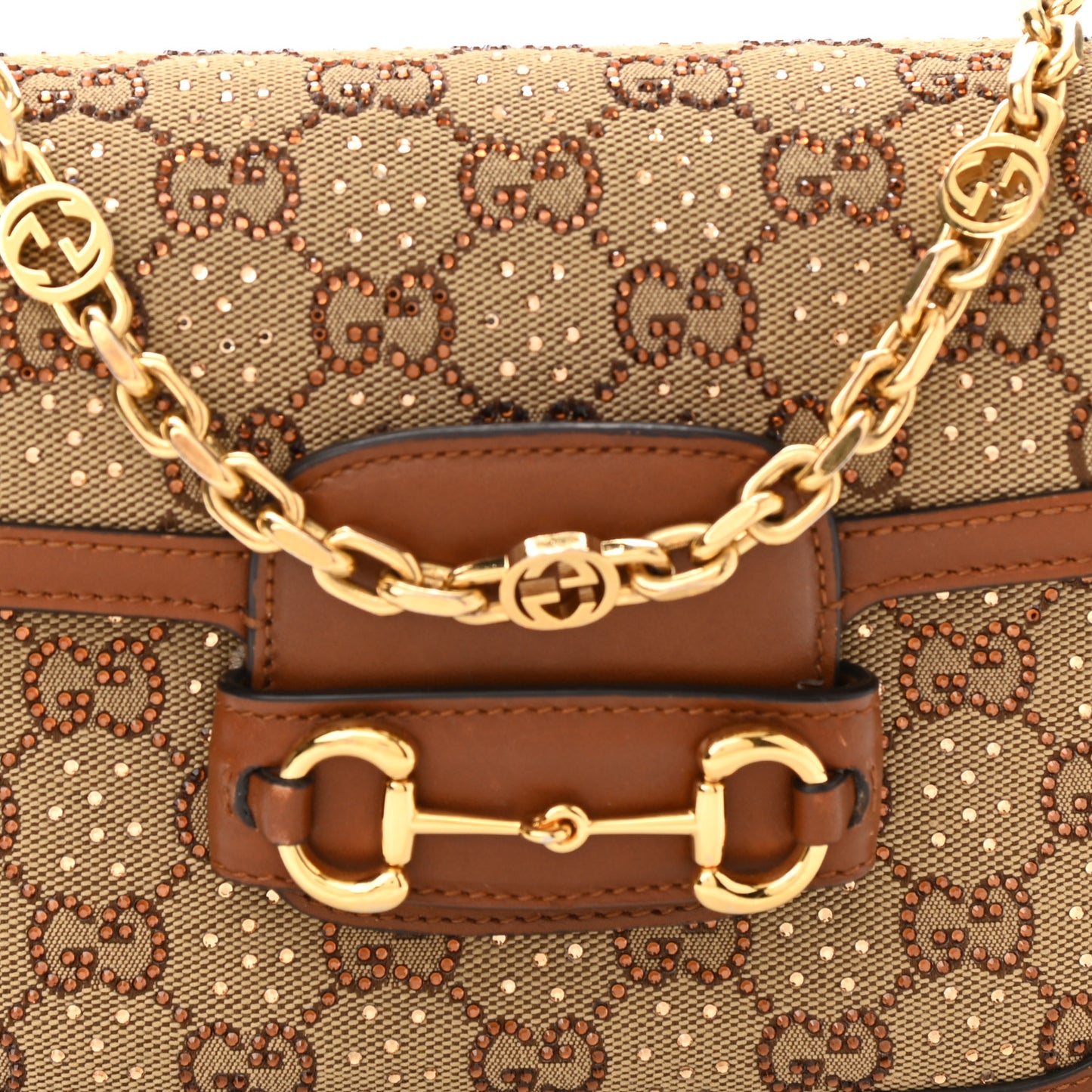 New Canvas Charisma Calfskin Crystal GG Monogram Mini Horsebit 1955 Shoulder Bag Camel Ebony