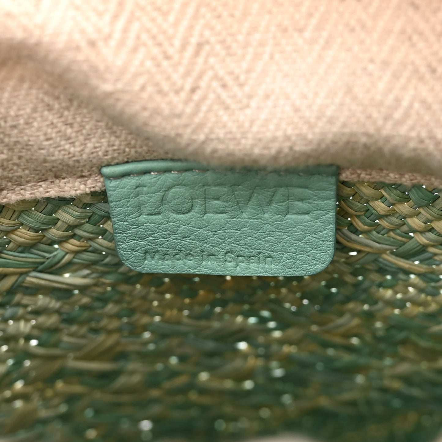 Iraca Palm Calfskin Anagram Square Pocket Bucket Bag Natural Fresh Mint
