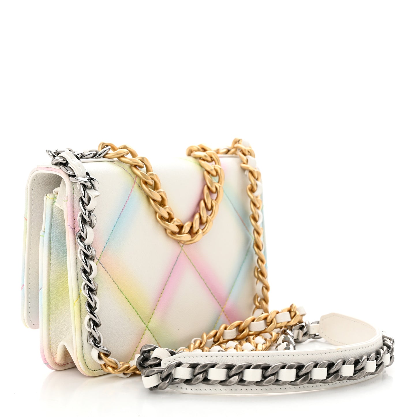 Printed Goatskin Quilted Chanel 19 Wallet On Chain WOC White Multicolor