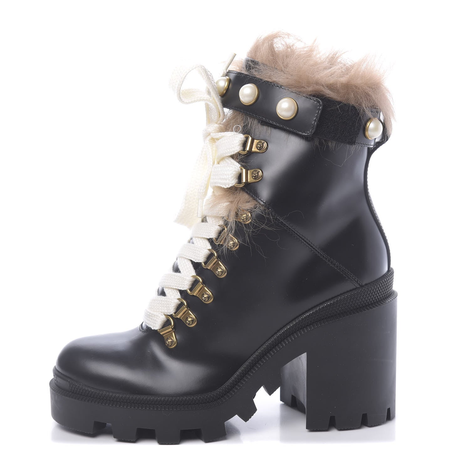 Gucci Magnum Calfskin Fur Pearl Lace Up Combat Ankle Boots 36.5 Black Naturale 1 of 8
