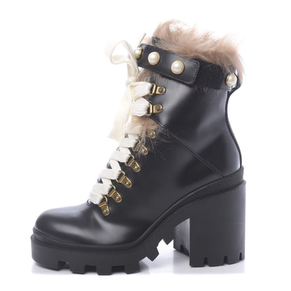 Gucci Magnum Calfskin Fur Pearl Lace Up Combat Ankle Boots 36.5 Black Naturale 1 of 8