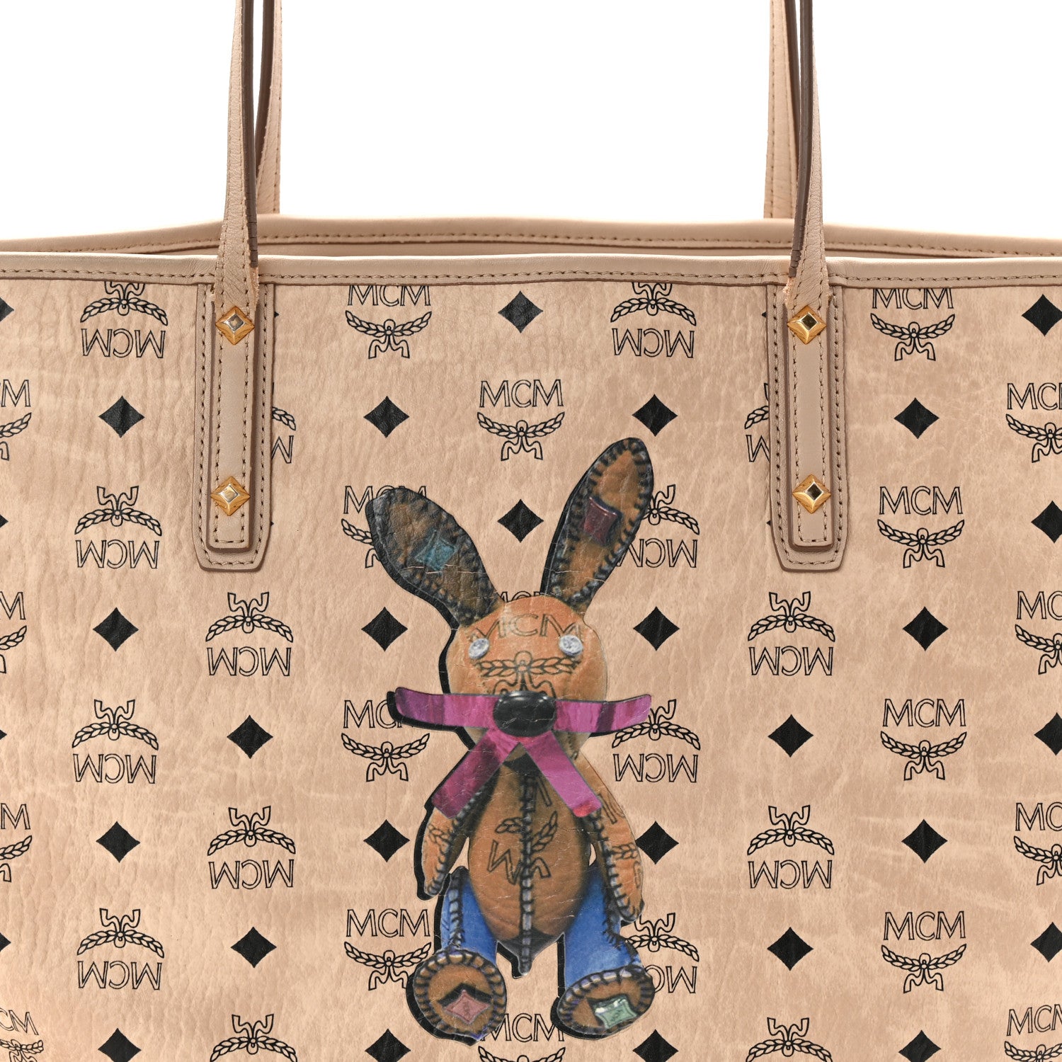 MCM Visetos Medium Studded Rabbit Top Zip Shopper Tote Beige 8 of 14