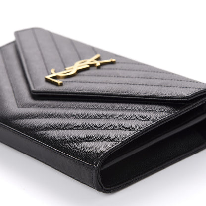 Saint Laurent Grain De Poudre Matelasse Chevron Monogram Chain Wallet Black 7 of 11