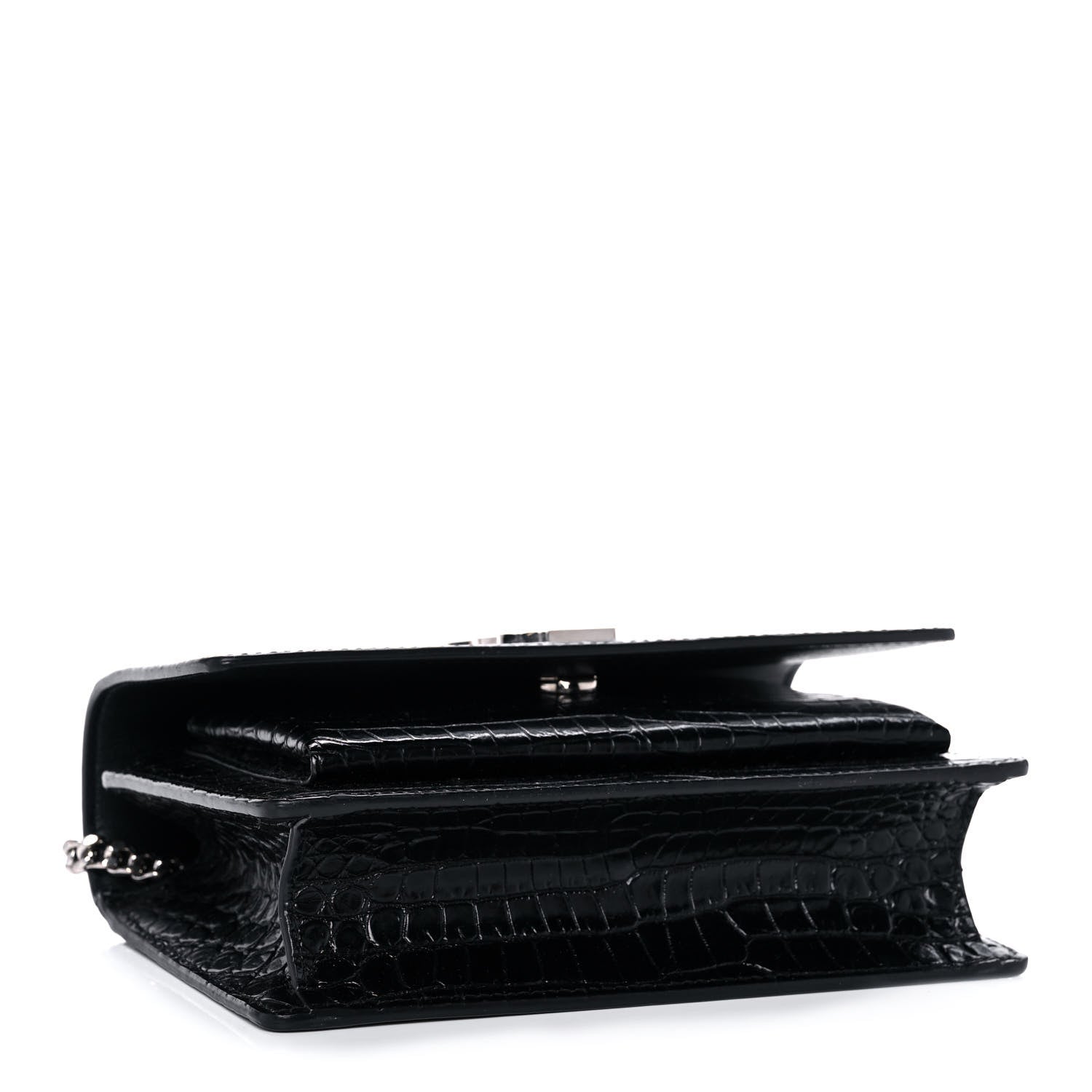 Saint Laurent Calfskin Crocodile Embossed Monogram Sunset Chain Wallet Black 4 of 15