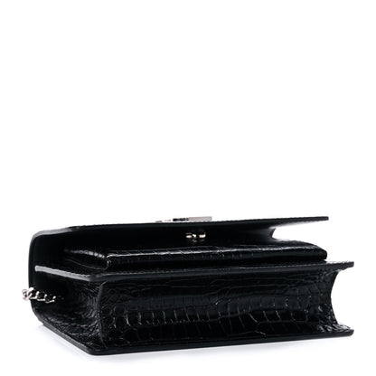 Saint Laurent Calfskin Crocodile Embossed Monogram Sunset Chain Wallet Black 4 of 15
