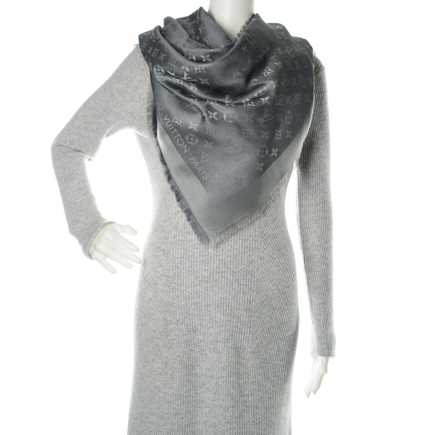 Silk Lurex Wool Monogram Shine Shawl Charcoal Grey