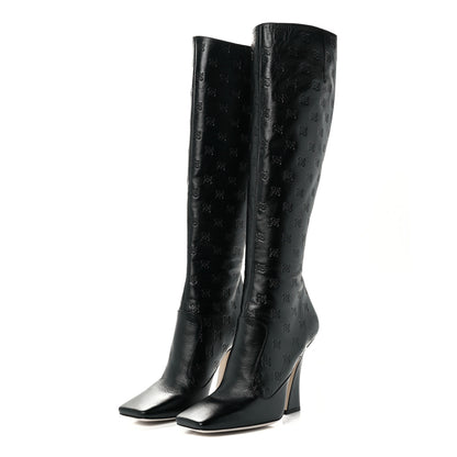 Fendi Vitello Karligraphy Embossed FFreedom Knee High Boots 39 Black 3 of 9