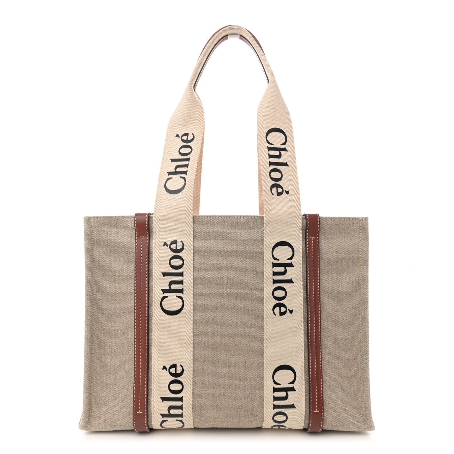 Linen Calfskin Medium Woody Ribbon Tote White Brown