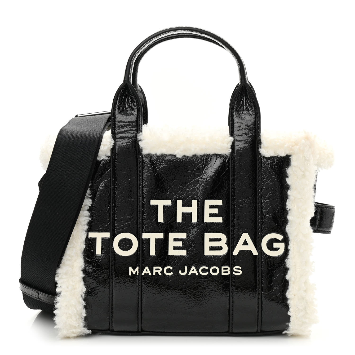 Marc Jacobs Shiny Calfskin Faux Shearling Small The Traveler Tote Bag Black 1 of 10