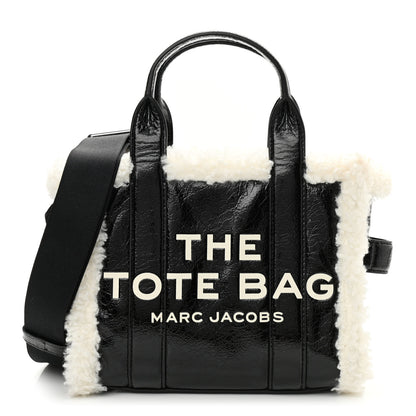 Marc Jacobs Shiny Calfskin Faux Shearling Small The Traveler Tote Bag Black 1 of 10