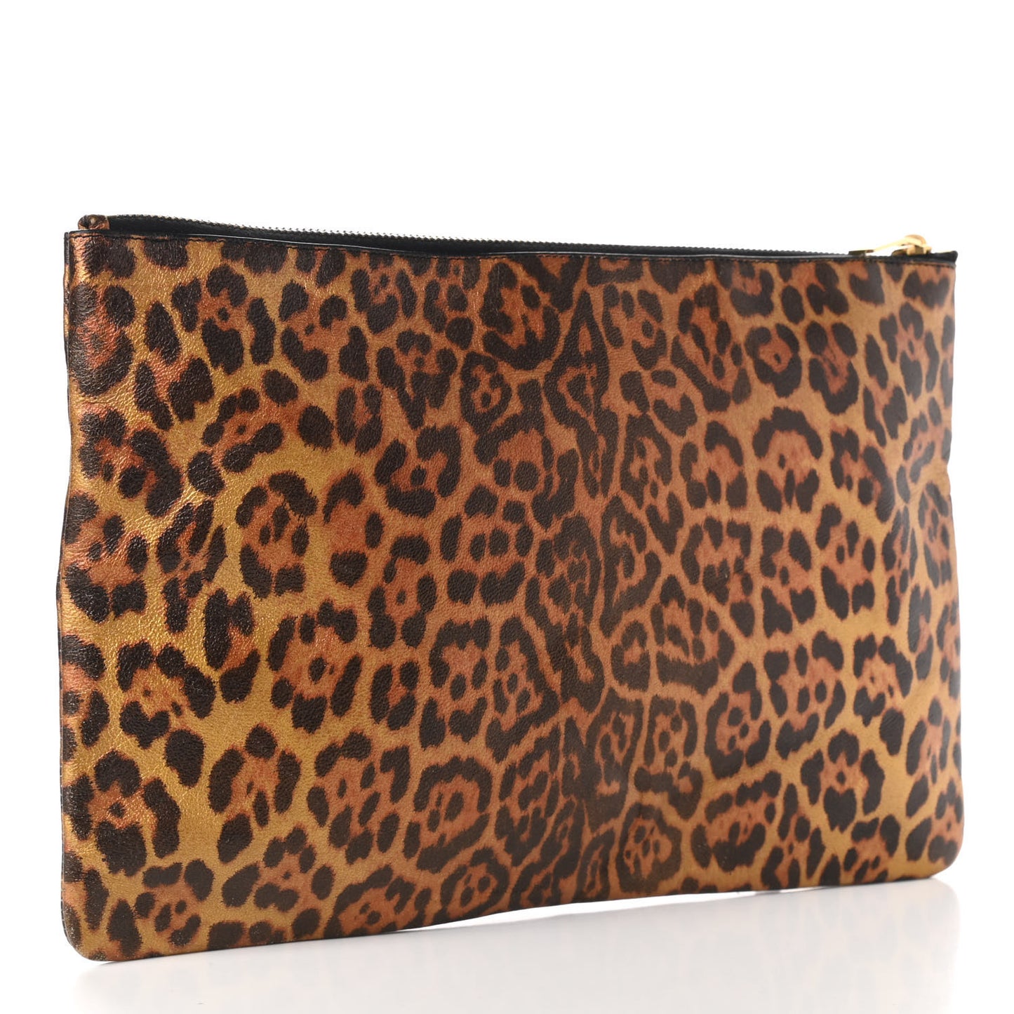 Metallic Calfskin Leopard Printed Letters Monogram Zip Clutch