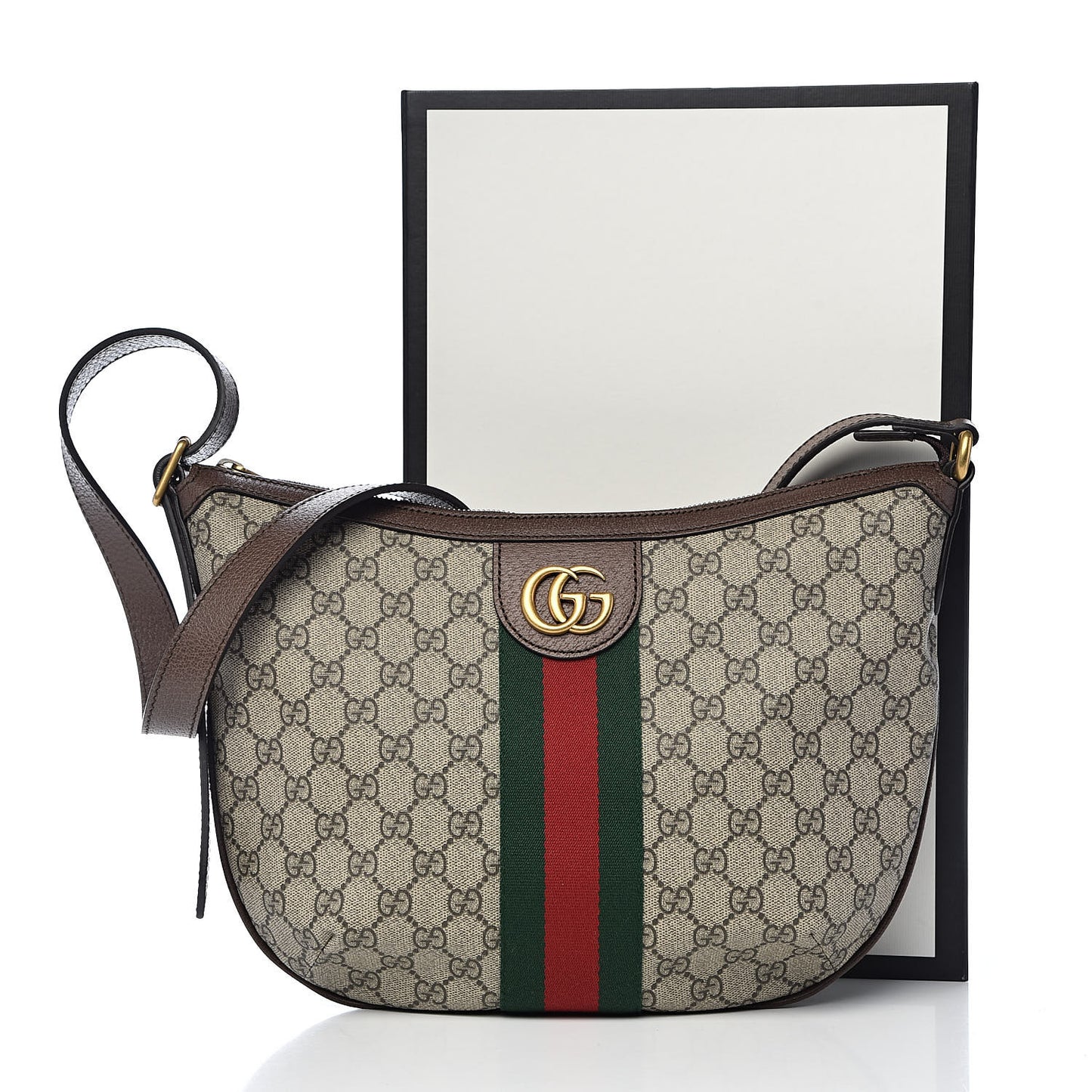 GG Supreme Monogram Web Small Ophidia Half Moon Hobo Brown