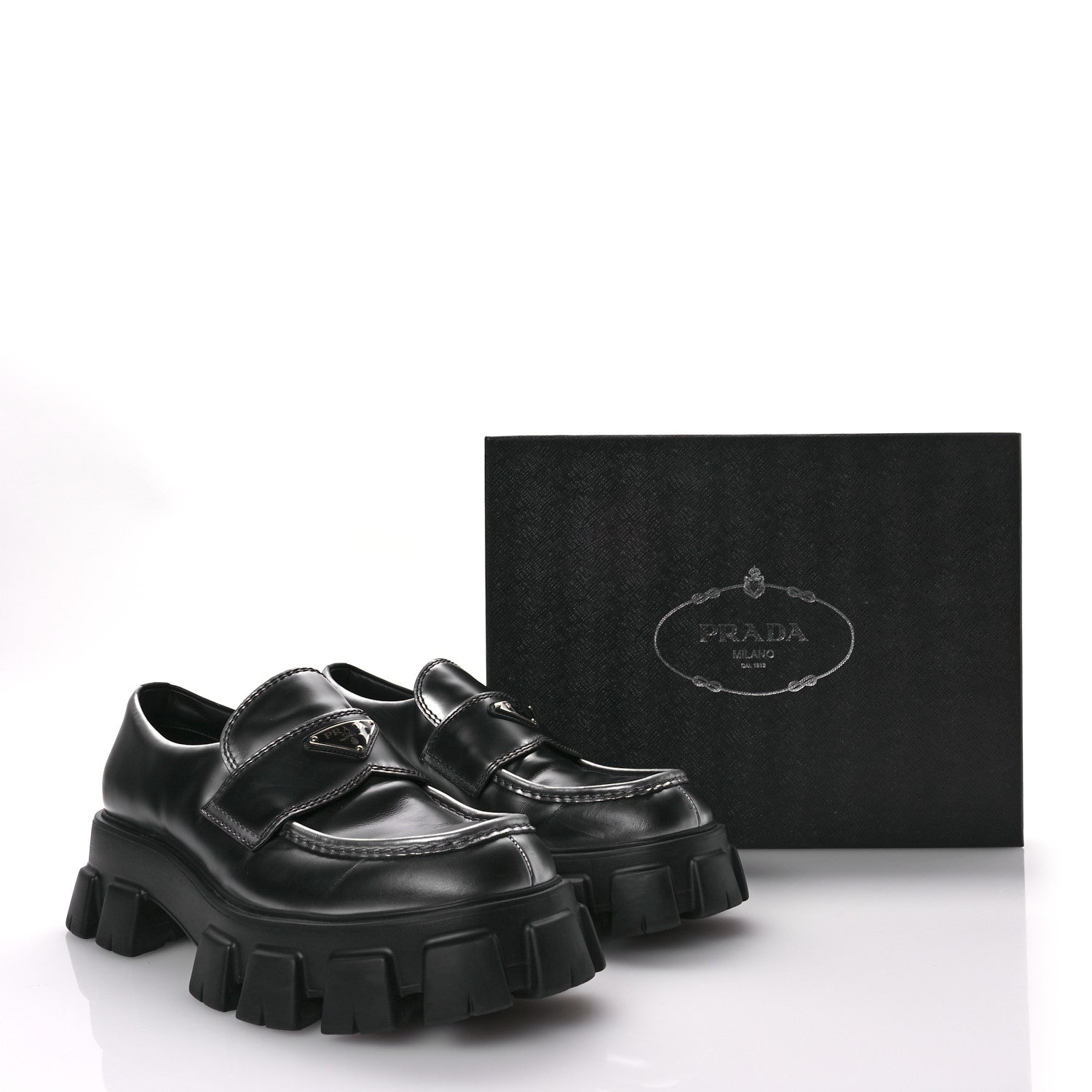 Prada Spazzolato Rois Metal Triangle Logo Mens Monolith 60mm Loafers 11 Black Argento 9 of 9