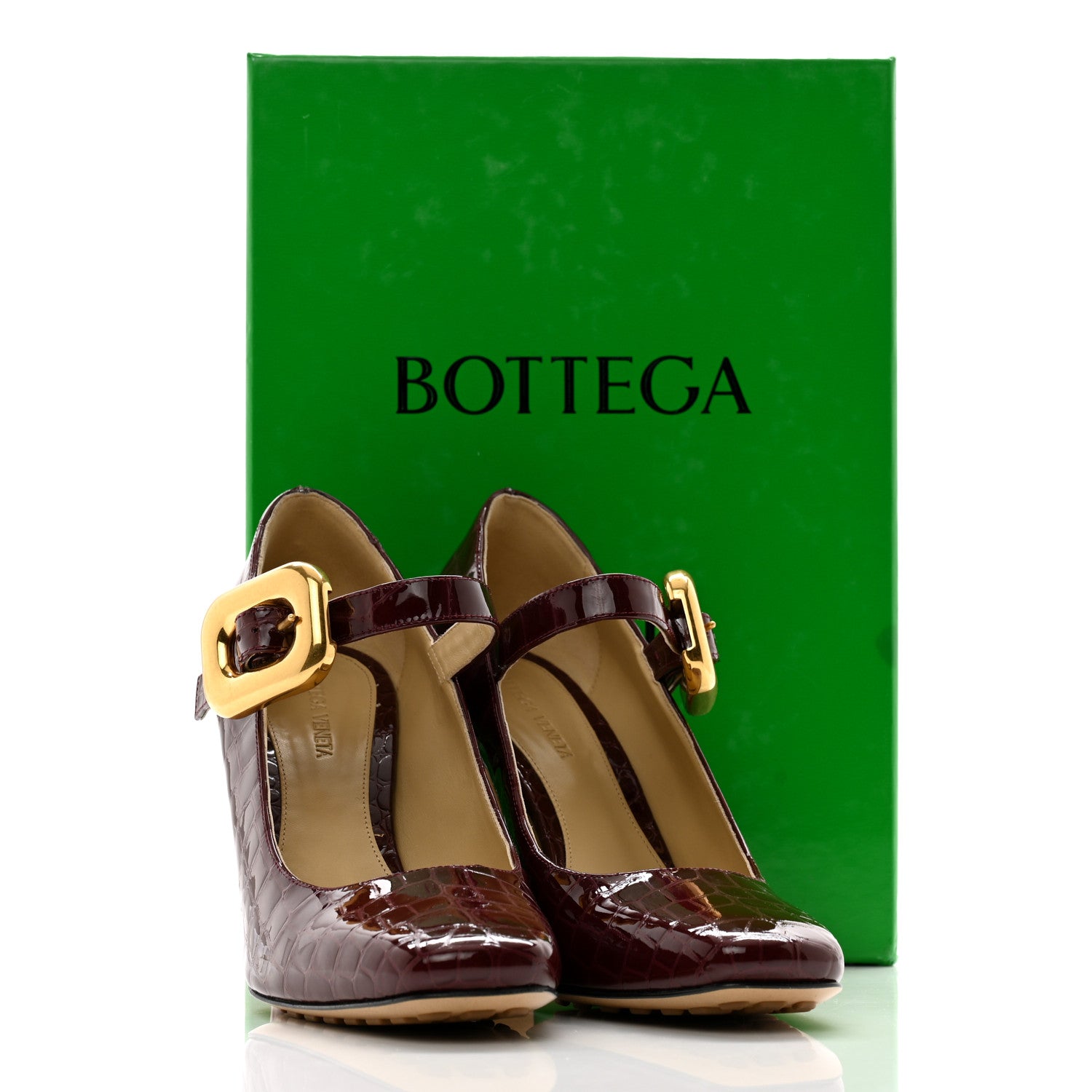 Bottega Veneta Glossy Calfskin Crocodile Embossed Mostra Mary Jane 90 MM Pumps 40 Merlot 10 of 10