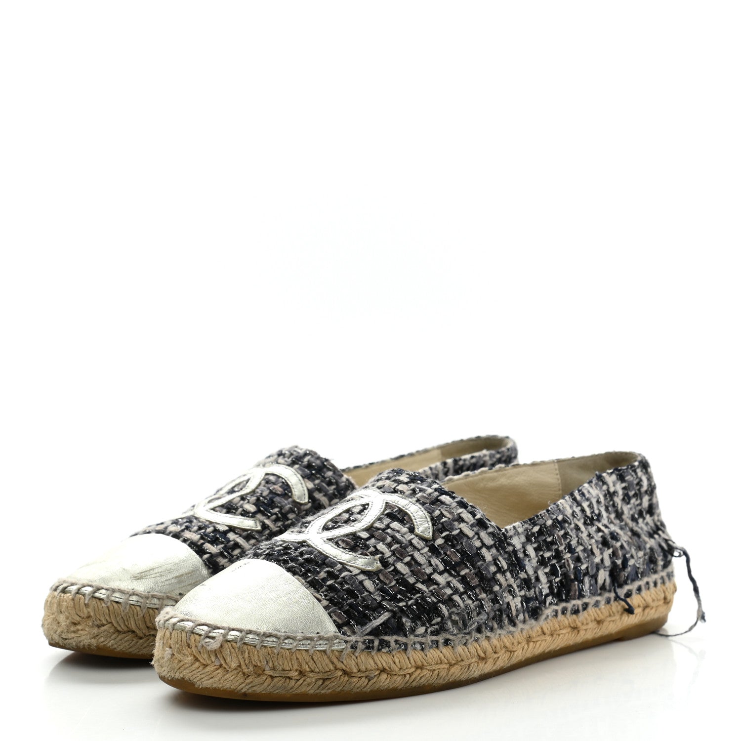 Chanel Metallic Tweed Lambskin CC Espadrilles 39 Blue Black Silver 3 of 16