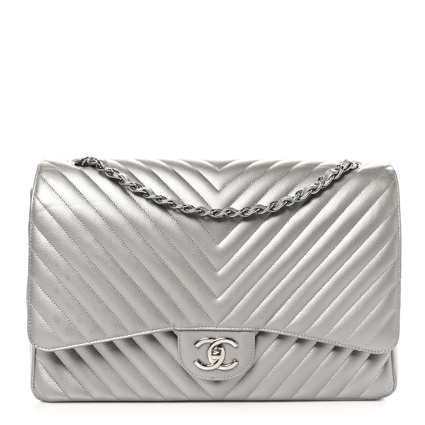 Metallic Caviar Chevron Quilted Maxi Double Flap Silver
