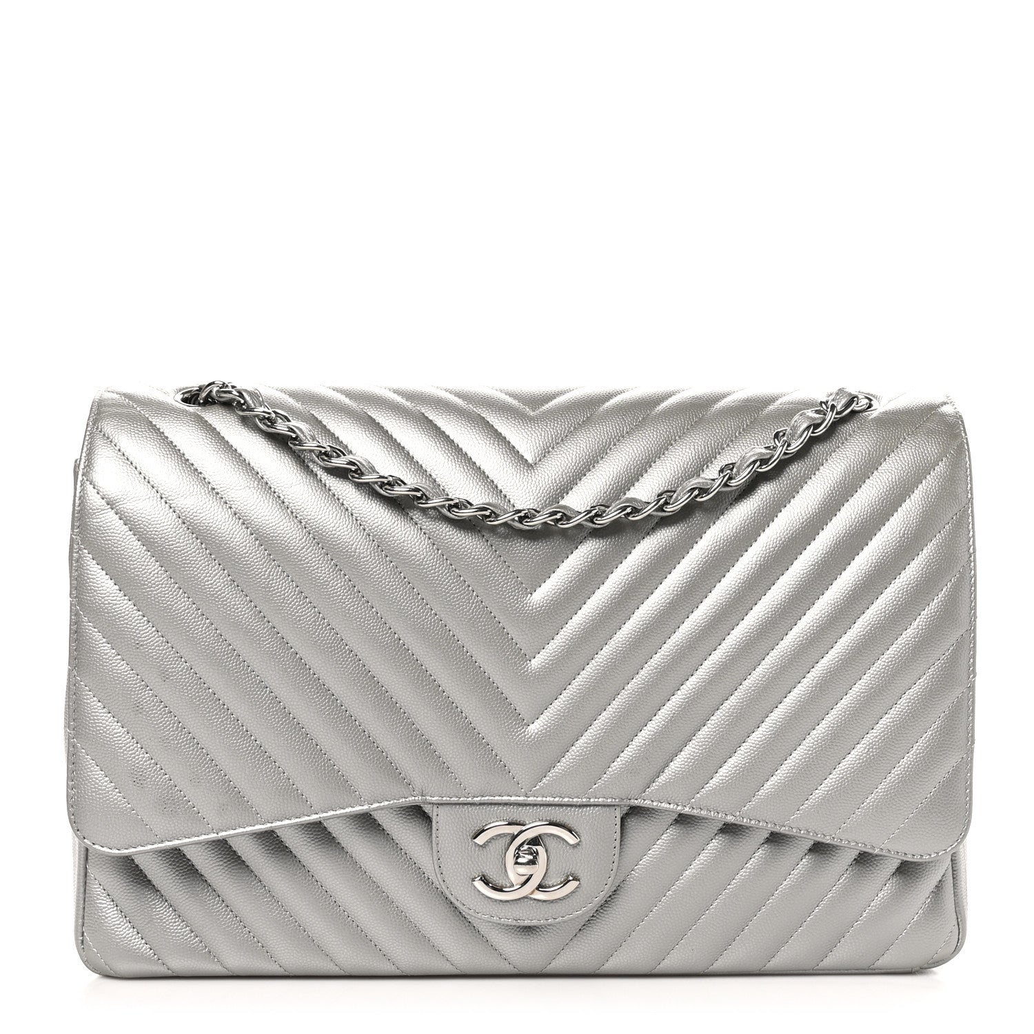 Chanel Metallic Caviar Chevron Quilted Maxi Double Flap Silver 1 of 10