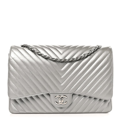 Chanel Metallic Caviar Chevron Quilted Maxi Double Flap Silver 1 of 10