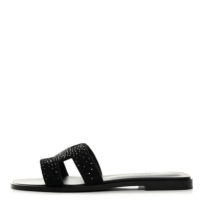 Hermes Suede Crystal Embellished Oran Sandals 38 Black 1 of 9