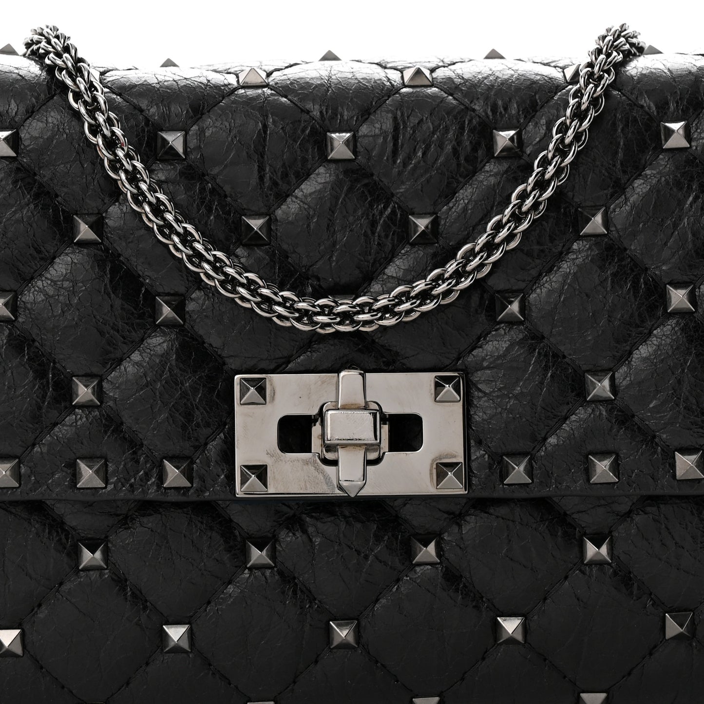 Craquele Nappa Rockstud Spike Wallet on Chain Black