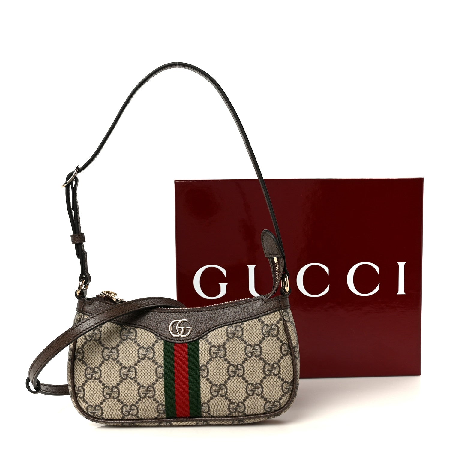 Gucci GG Supreme Monogram Textured Dollar Calfskin Web Mini Ophidia Shoulder Bag Beige Ebony New Acero 11 of 11
