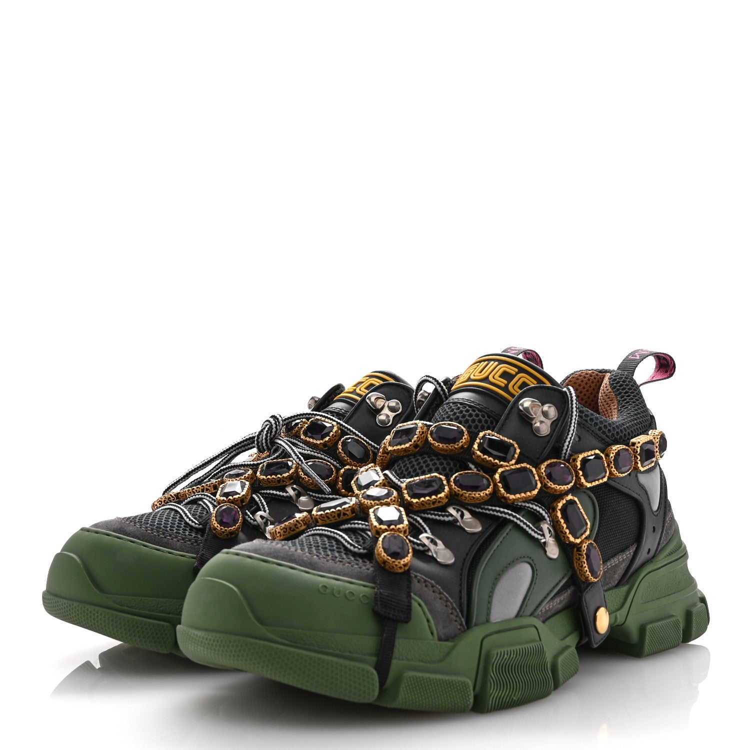 Gucci X SEGA Mesh Suede Calfskin Removable Crystals Mens Flashtrek Sneakers 10.5 Loess Black Olive Green 4 of 7