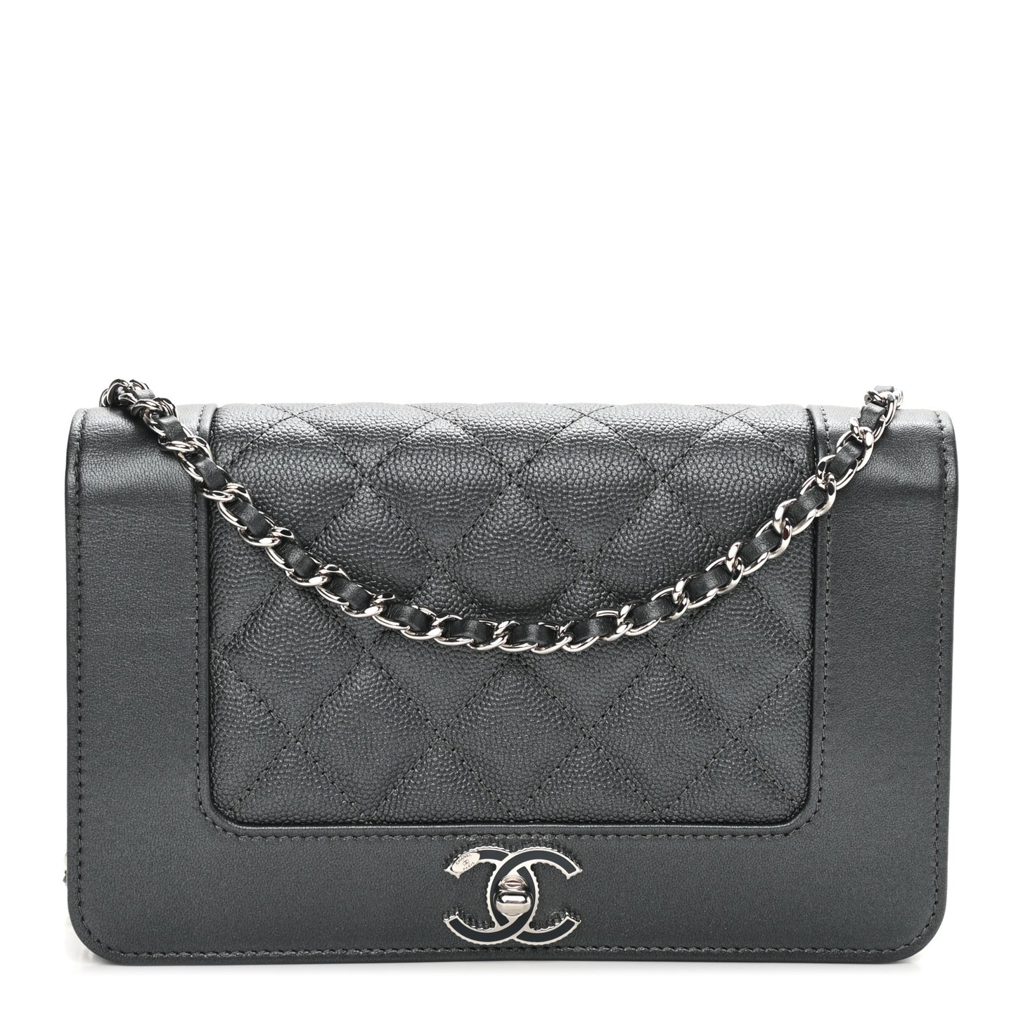 Metallic Caviar Chevron Quilted Vintage Mademoiselle Wallet On Chain WOC Charcoal