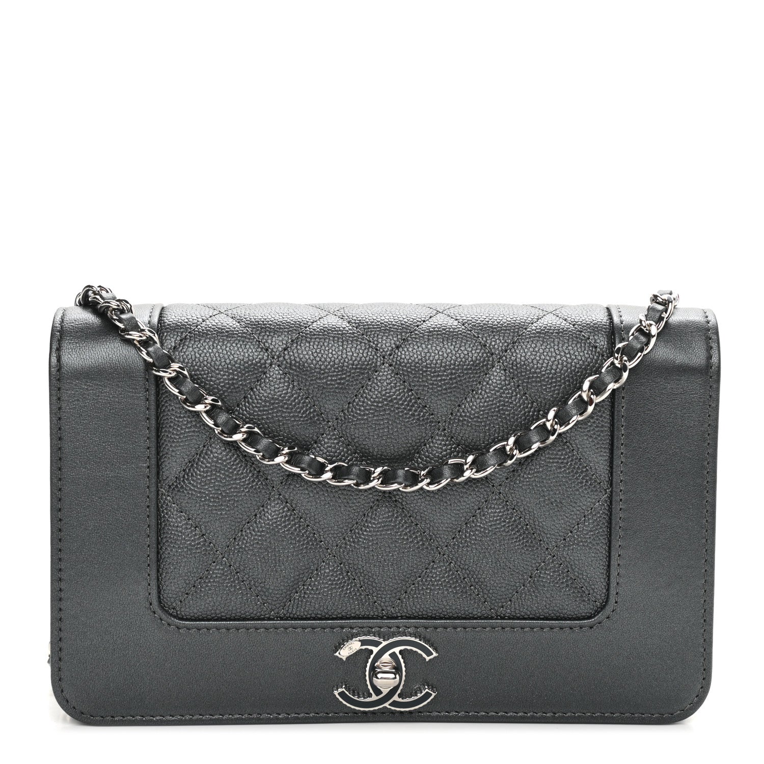 Chanel Metallic Caviar Chevron Quilted Vintage Mademoiselle Wallet On Chain WOC Charcoal 1 of 12