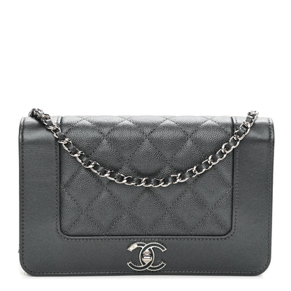 Chanel Metallic Caviar Chevron Quilted Vintage Mademoiselle Wallet On Chain WOC Charcoal 1 of 12