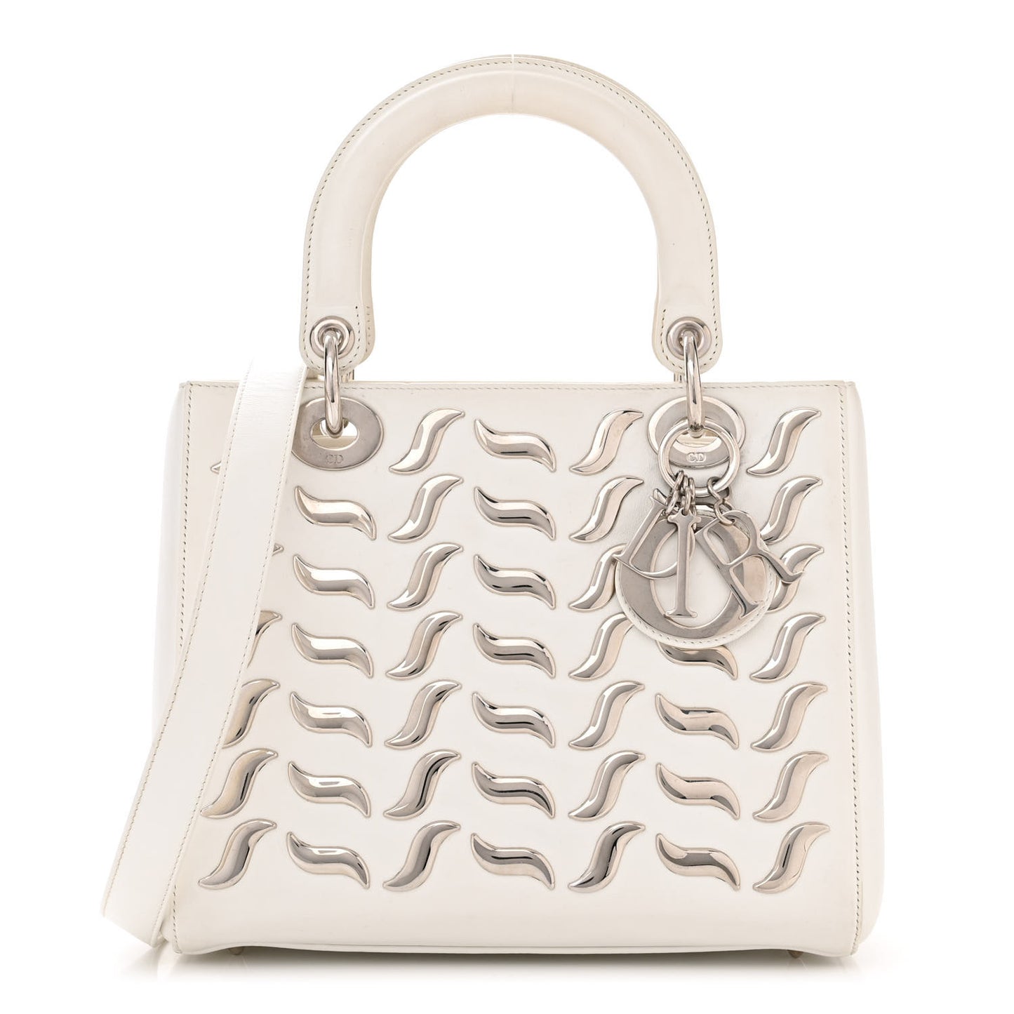 Calfskin Metal Embellished Medium Lady Dior White