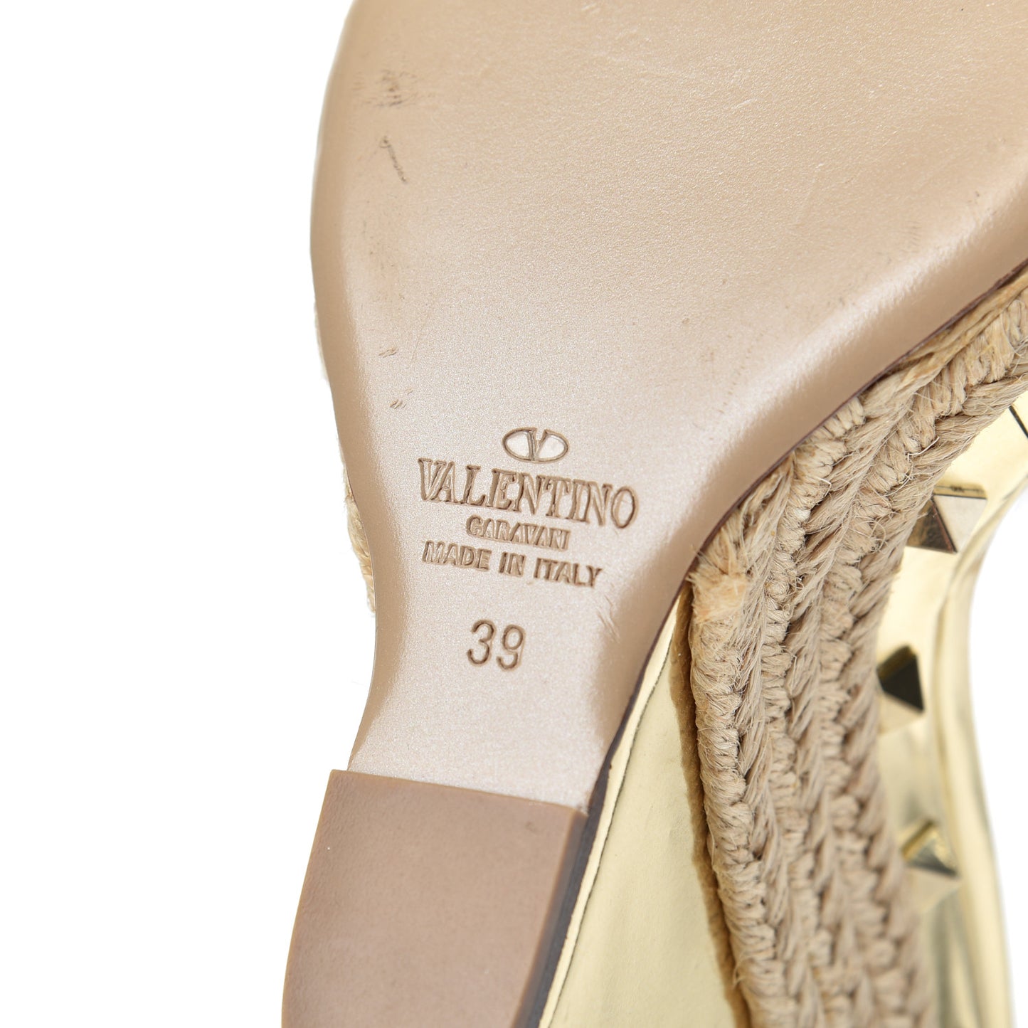 Metallic Calfskin Raffia Rockstud T-Strap Slingback Espadrille Wedge Sandals 39 Gold