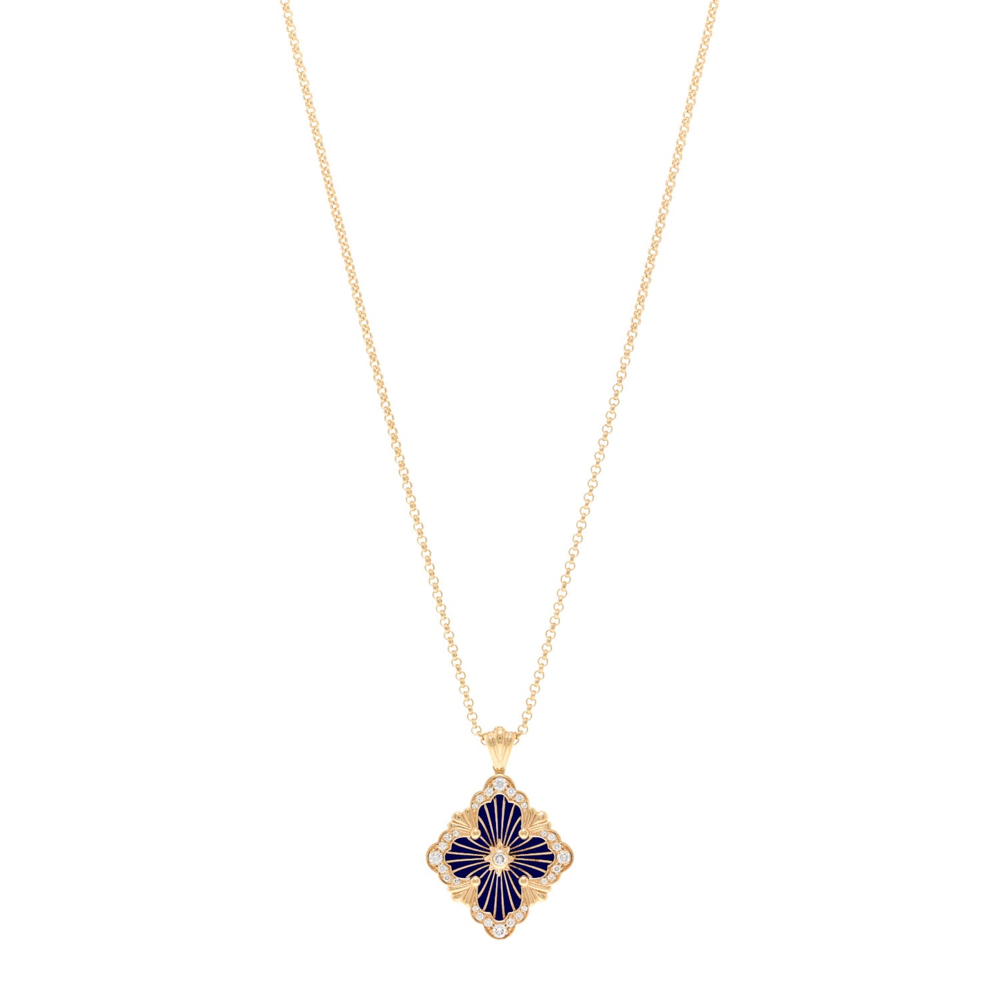 18K Yellow Gold Diamond Enamel Large Opera Tulle Necklace Blue