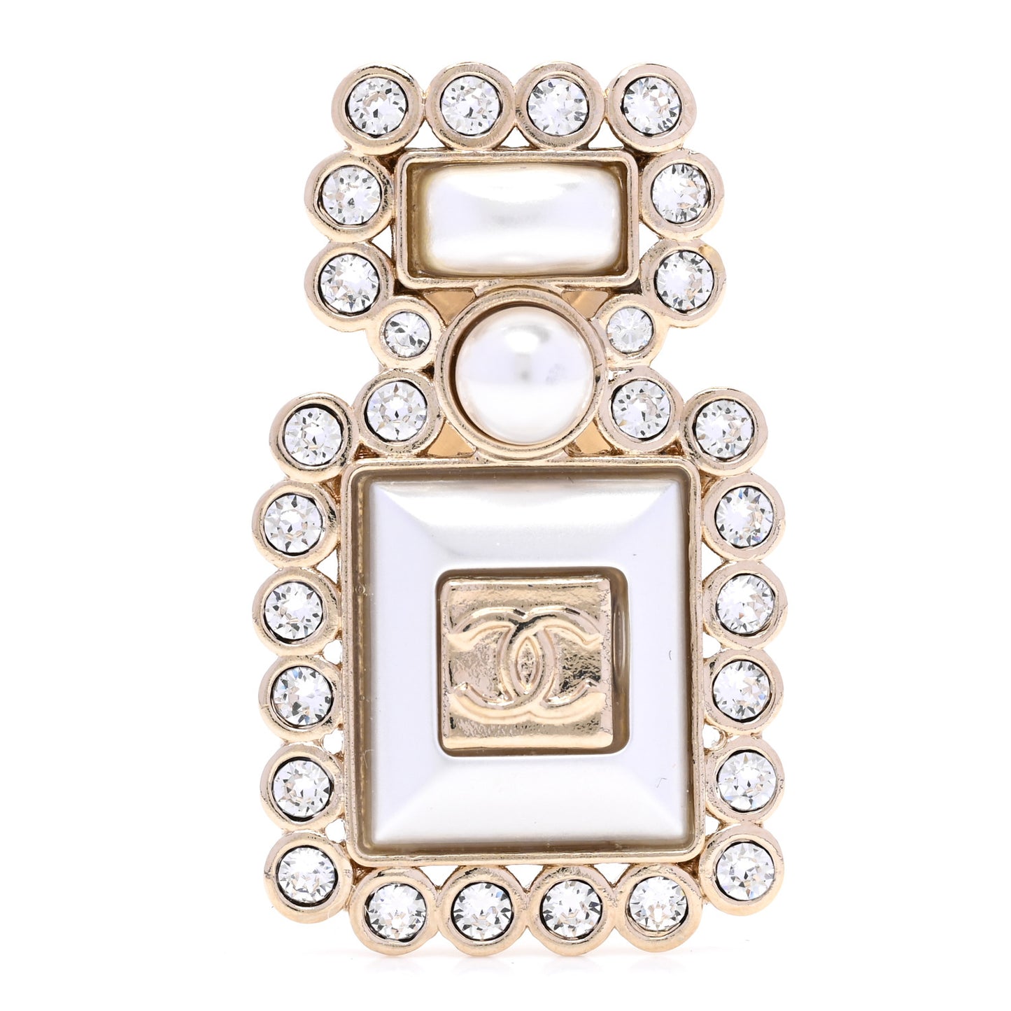Resin Crystal Pearl Perfume Bottle CC Brooch White Gold