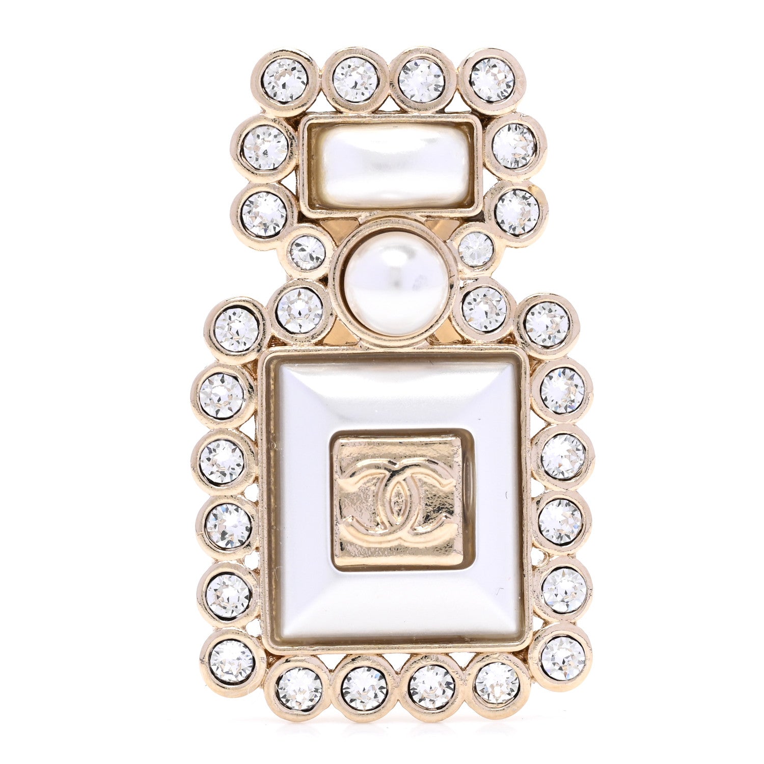 Chanel Resin Crystal Pearl Perfume Bottle CC Brooch White Gold 1 of 5