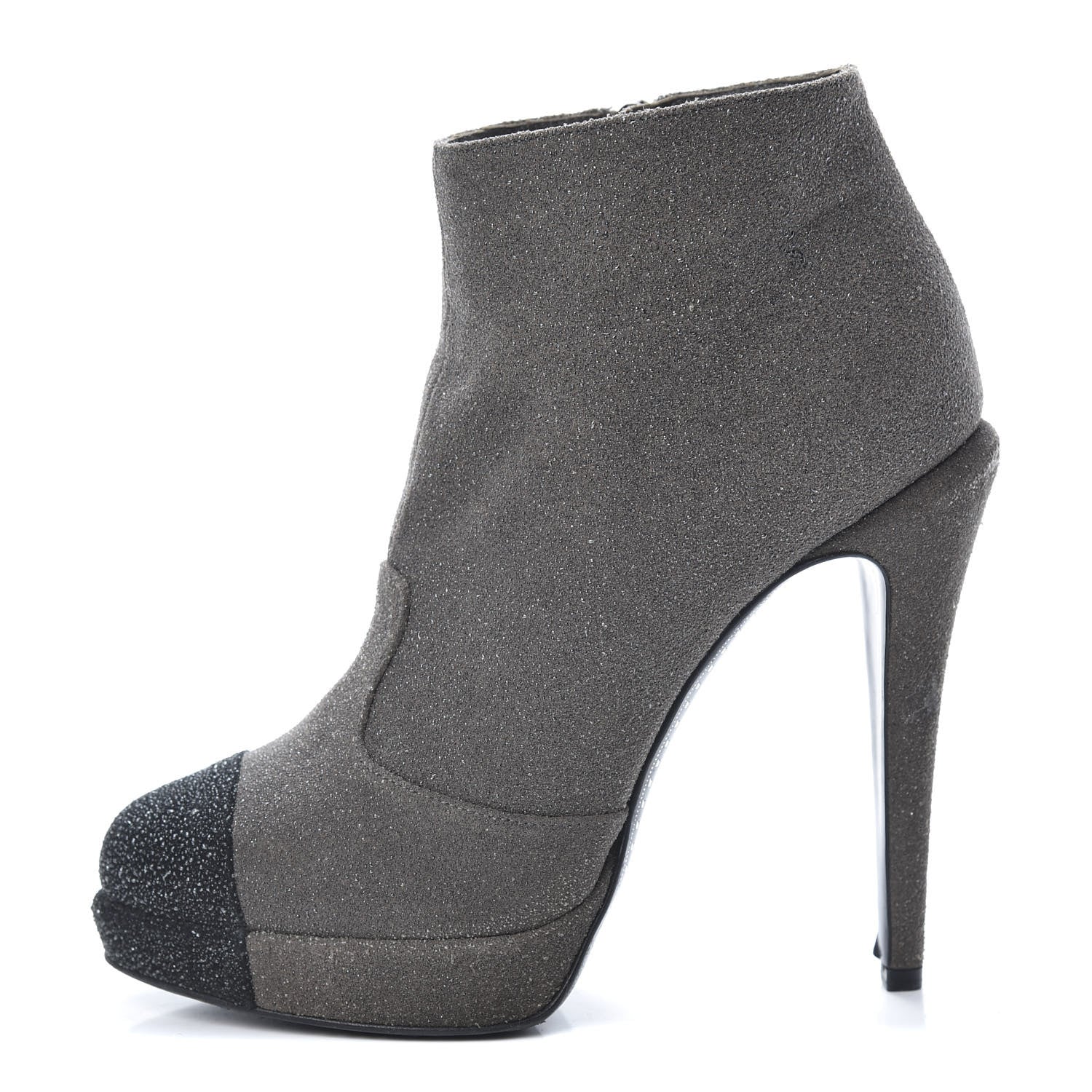 Chanel Glitter Suede Cap Toe Short Boots 37.5 Taupe Black 1 of 10