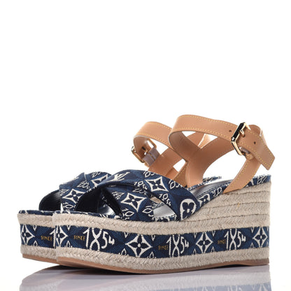 Louis Vuitton Jacquard Calfskin Since 1854 Boundary Wedge Sandals 37.5 Blue 3 of 9