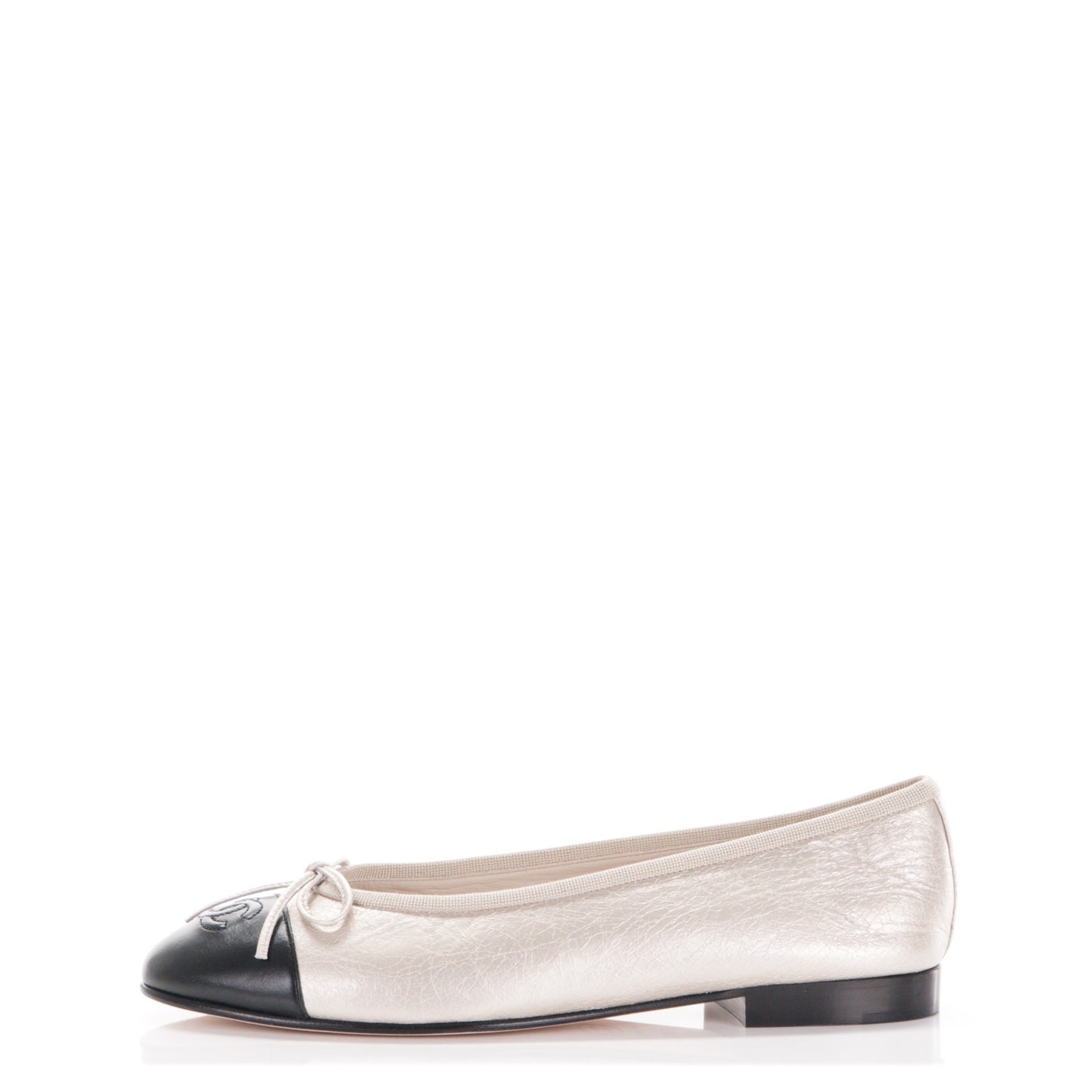 Metallic Calfskin Cap Toe Ballerina Flats 37.5 Beige Black