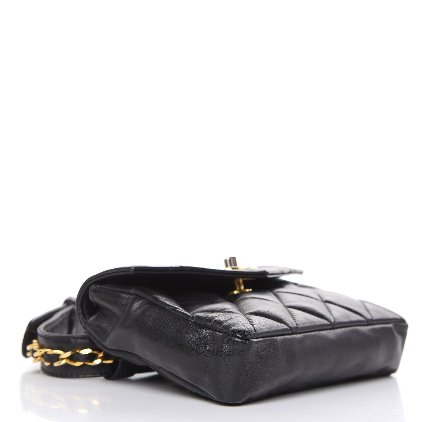 Lambskin Quilted Flap Waist Belt Bag Black