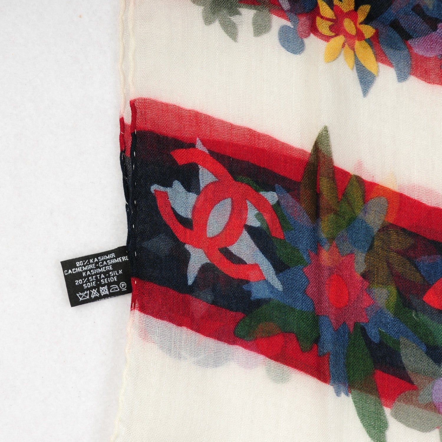 Chanel Cashmere Silk Floral CC Scarf Shawl White 4 of 5