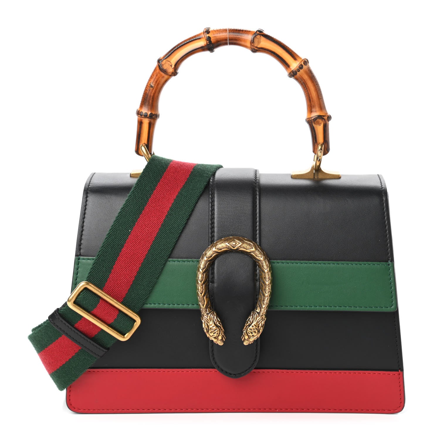 Gucci Moon Calfskin Web Medium Dionysus Bamboo Top Handle Bag Black Bright Evergreen Hibiscus Red 1 of 10