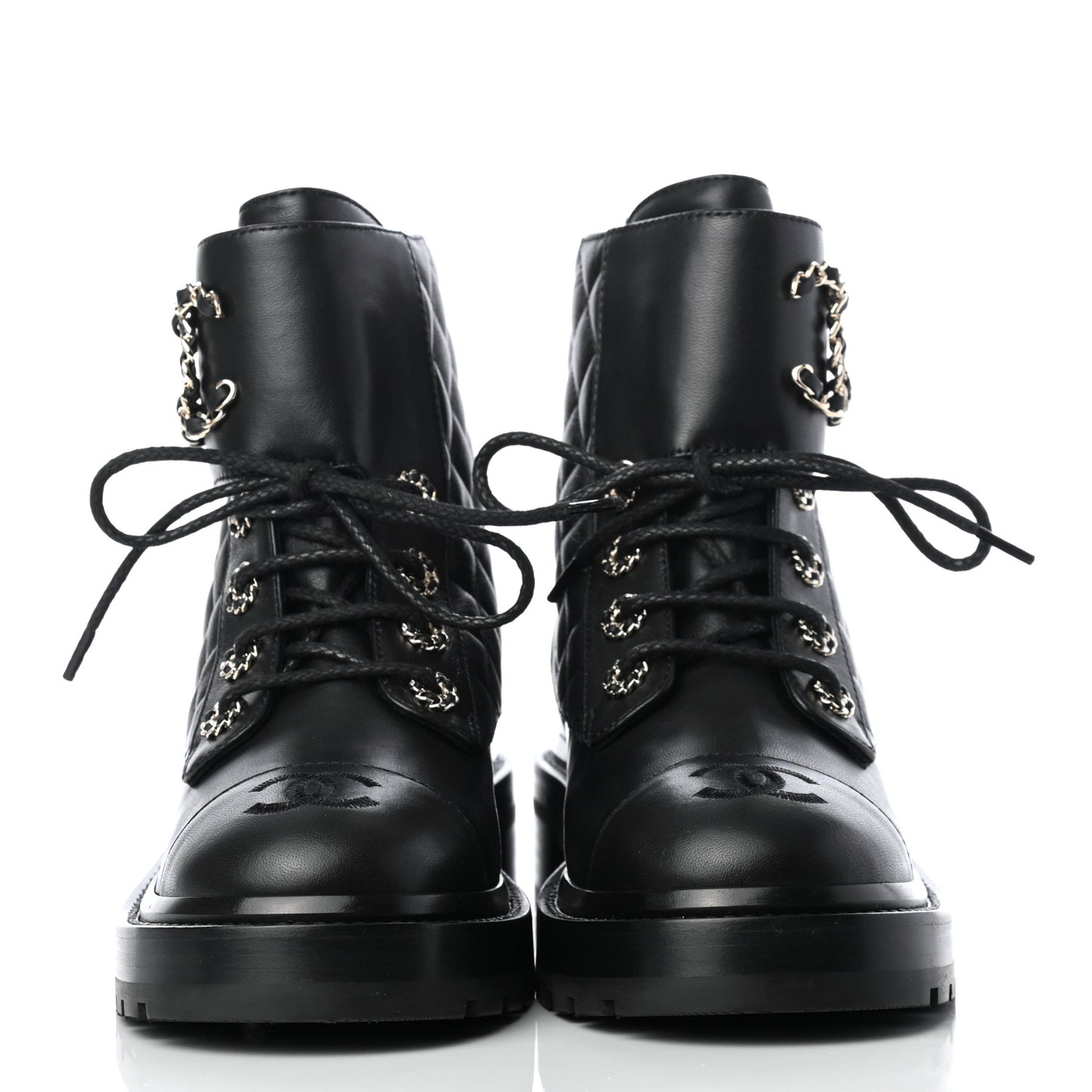 Shiny Lambskin Quilted Lace Up Combat Boots 36 Black