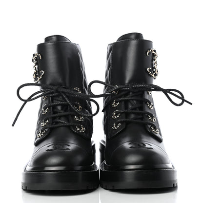 Chanel Shiny Lambskin Quilted Lace Up Combat Boots 36 Black 2 of 9