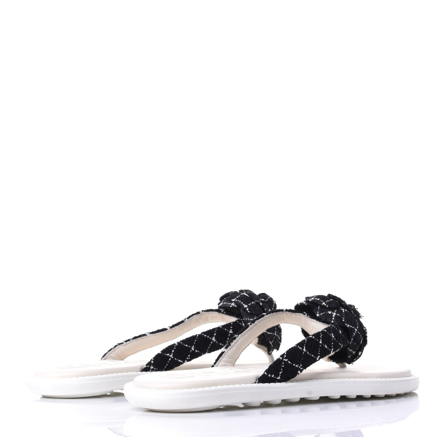 Tweed Quilted Camellia Thong Sandals 39 Black White