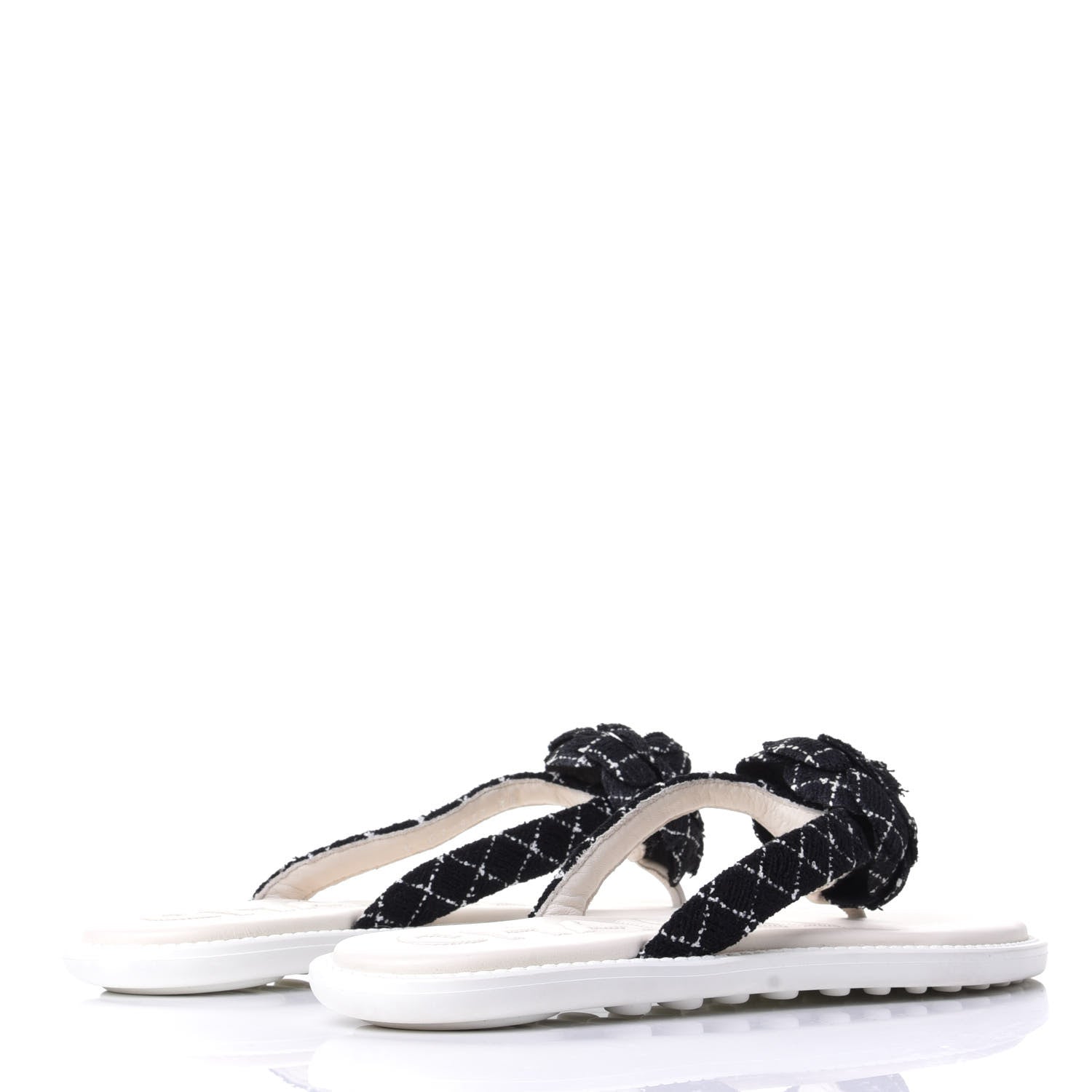 Chanel Tweed Quilted Camellia Thong Sandals 39 Black White 4 of 11