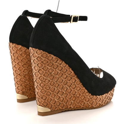 Jimmy Choo Suede Pacific 120mm Peep-Toe Cork Wedge Sandal 39.5 Black 4 of 7